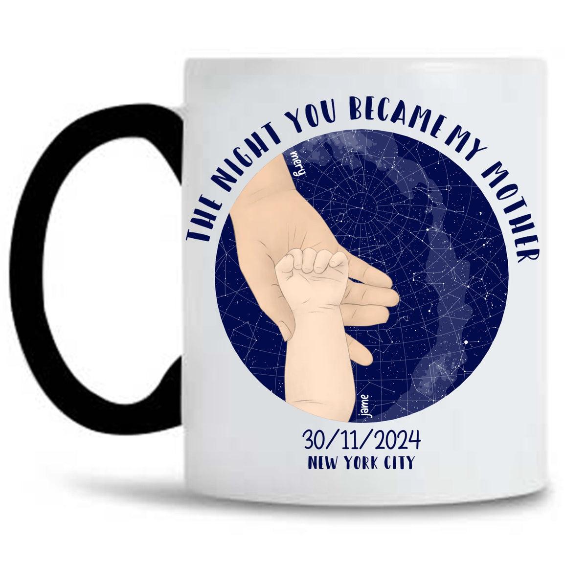 Custom mugs. Thoughty Gift personalized mugs. Start Map designed mugs. Meaningful gifts for mom, dad, relatives, friends